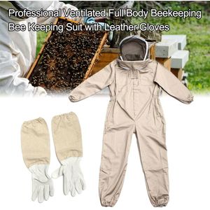 Professionele Geventileerde Full Body Bijenteelt Pak Unisex Jumpsuit Bee Kleding Met Lederen Handschoenen Koffie Mannen Vrouwen L/Xl/ 2XL