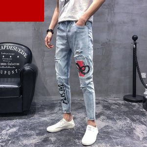 Herfst Gescheurde Gat Lichtblauw Snake Gedrukt Hip Hop Mode Straat Jeans Mannen Koreaanse Slim Bedelaar Voeten Potlood Broek mannen Broek