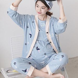 Moederschap Pyjama Sets Losse Zwangere Vrouwen Verpleging Nachtjapon Vest + T-shirt + Broek 3 Stuks Nachtkleding Zwangerschap Nachtkleding