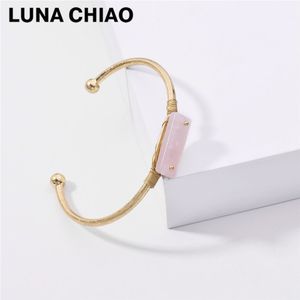 Luna Chiao Vintage Gedragen Gold Rechthoek Natuursteen Metalen Manchet Bangle Armband Voor Vrouwen