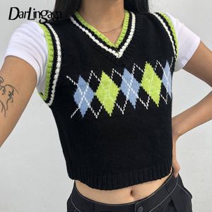 Darlingaga V-hals Herfst Y2K Gebreide Trui Vest Mouwloze Argyle Plaid Trui Casual Tank Top Preppy Stijl Vrouwen Truien