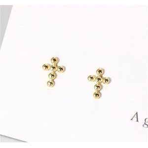 Gouden Kleur Kruis Stud Oorbellen Voor Vrouwen Kleine Metalen Kralen Oorbellen 925 Sterling Silver Mini Oorbellen Mode-sieraden H40
