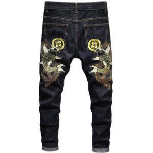 Japanse Chinese Stijl Karper Geborduurd Stretch Jeans Hoge Dikke Katoenen Zwarte Jeans Mannen Casual kleding