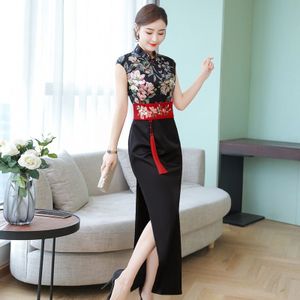 Chinese Jurk Vrouwen Qipao Aodai Verbeterd Cheongsam High-Split Bodycon Mouwloze Afdrukken Lange Jurk Vrouwelijke Party Vestidos