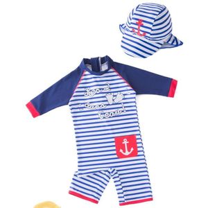 Jongens Een Stuk Badpak Blauw En Wit Gestreepte Marine Hoed Kinderen Hete Zomer Badpak Badpakken Baby Lange Mouw wetsuit