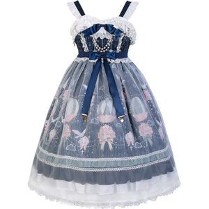 Lolita Jsk Jarretel Jurk Meisjes Zoete Leuke Prachtige Bloemen Ballon Afdrukken Mouwloze Prinses Victoriaanse Kawaii Kostuum