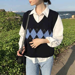 Sllsky Vrouwen Trui Vest Herfst Koreaanse Stijl Vintage Geometrische Argyle V-hals Mouwloze Truien Gebreide Vrouw Truien