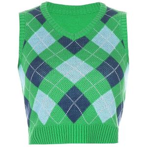 Groene Argyle Plaid Streetwear Trui Vest Gebreide Mode Punk Mode 90S Vintage Tank Top Vrouwen Preppy Stijl Truien