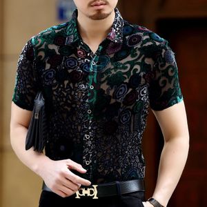 Zijde Vevlet Flloral Shirt See Through Zomer Korte Mouw Man Shirt Camisa Sociale Masculina Chemise Homme 3xl Heren Fluwelen Overhemd