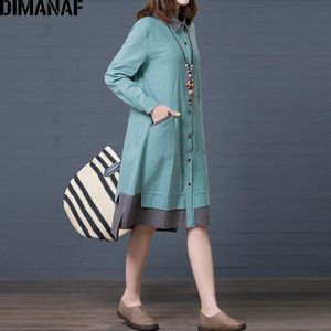 DIMANAF Plus Size Vrouwen Jurk Vintage Lange Mouw Herfst Kantoor Dame Losse A-lijn Vrouwelijke Vestidos Katoen Linnen Jurk Kleding