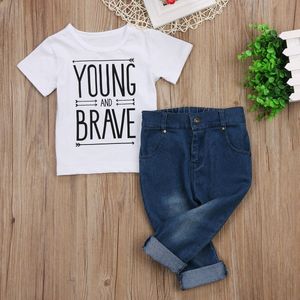 Kinderen Jongens Kleding Sets Brief Korte Mouwen T-shirts Tops Blauw Denim Broek 2 Stuks Zomer Kinderkleding Set Jongens outfit