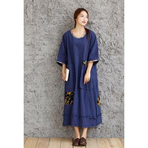 Grote Borstomvang 140 cm Chinese Womens folk stijl katoenen jurk art losse 100 kg Lady Wear Vintage Blauw Lange Gewaad Schilder clothing