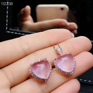 MeiBaPJ Natuurlijke Roze Rozenkwarts Edelsteen Fijne Liefde Hart Sieraden Set 925 Puur Zilveren Ketting en Ring Pak voor Vrouwen