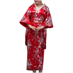 Mode Jurken Losse Japanse Satijnen Jurk Simulatie Zijden Kimono Lange Mouw Vrouwelijke Rode Gedrukt Badjas Badjas Tennis Jurk