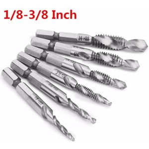 6 Stuks 1/8 - 3/8 Inch Bsw Draad Hss Combinatie Boor Tap Bit Set 1/4 Inch Hex Shank ontbramen Countersink Bits