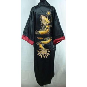 Zwart Double-Side Borduurwerk Draak Mannelijke Lange Gewaad Chinese Mannen Zijde Satijn mannen Dragon Kimono Robe Gown Omkeerbaar badjas