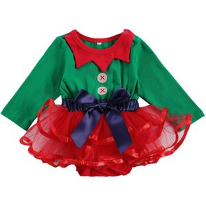 Kerst 0-18M Pasgeboren Baby Meisjes Jongens Rompertjes Jurk Patchwork Lange Mouwen Lace Strik Tutu Jurk Jumpsuits