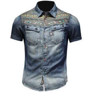 Denim Heren Casual Korte Mouwen Camisas Vintage Borduurwerk Bloemen Shirt Luxe Stijlvolle Slim Fit West Cowboy Shirts