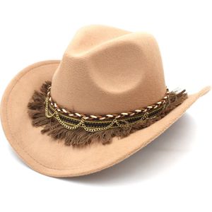 Mistdawn Vrouwen Western Cowboy Hoed Cowgirl Kostuum Cap Wol Brede Rand Kwastje Gevlochten Band Maat 56-58 Cm Bbg