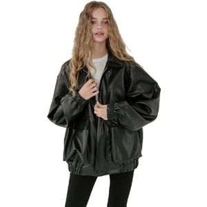 Lautaro Oversized Leren Jas Vrouwen Lange Mouw Rits Turn Down Kraag Losse Zwart Plus Size Faux Lederen Jassen Voor Vrouwen