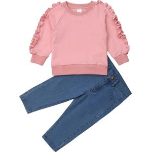 Mode Baby Meisje Ruche Kleding Set Herfst/Winter Warm Solid Roze Blouse Tops + Denim Broek Kind Kids Casual kleding Set 1-6Y
