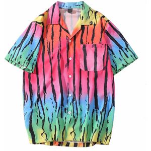 Hip Hop Shirt Streetwear Mannen Hawaiian Shirt Tie Dye Rainbow Zwarte Streep Shirts Korte Mouw Harajuku Strand Overhemd Zomer