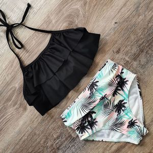 5-10 Jaar Meisje Badpak Palmboom Hoge Taille Bikini Set Ruche Tweedelige Kinderen Badmode Meisje badpak Beachwear