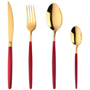 24Pcs Luxe Bestek Set Gold Poolse Rode Handvat Roestvrij Staal Diner Messen Vorken Eetlepels Voedsel Zilverwerk Servies Set