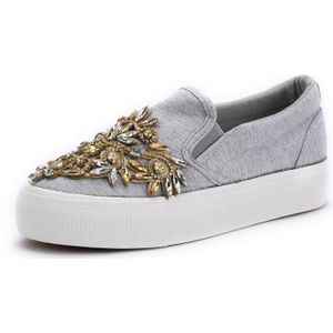 Mode Canvas Vrouwen Casual Schoenen Luxe Strass Dame Schoenen Slip Op Schoenen Vrouwelijke Hoge Qulaity Vrouwen Flats grijs