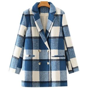 Traf Vrouwen Mode Double Breasted Plaid Wollen Blazers Jas Vintage Lange Mouwen Zakken Vrouwelijke Bovenkleding Chic Tops