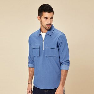 Kuegou Herfst Katoen Stretch Shirts Lange Mouwen Mannen Leisure Streetwear Lente Mannen Shirt Blue Plus Size Top BC-20507