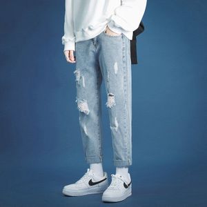 Mode Mannen Jeans Gebroken Gat Broek Dunne Gescheurd Mannen Effen Katoen Rechte Buis Losse Vintage Gewassen Jeans streetwear