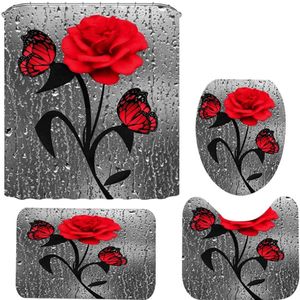 Red Rose & Vlinder Badkamer Antislip Mat Set Duurzaam Waterdicht Douchegordijn Set Voetstuk Tapijt Deksel Wc Cover badmat Tapijten