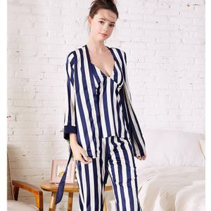 V-hals comfortabele pyjama set lente en zomer simulatie zijde sling shirt broek gewaad driedelige gestreepte home service