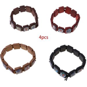 4Pcs Katholieke Sieraden Christian Levert Houten Icoon Elastische Bead Armband