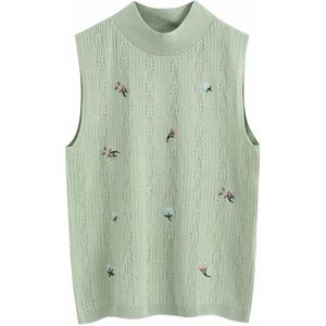 Vrouwen Tops Groen Bloemen Borduren Gebreide Mouwloze O-hals Trui Casual Losse Stijl Vrouwelijke Vrouw Kleren