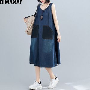 Dimanaf Zomer Plus Size Vrouwen Jurk Denim Vintage Vest Mouwloze Big Size Vrouwelijke Vestidos Casual Losse Zakken Jurk Kleding