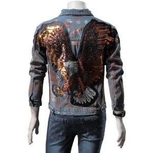 Hipster Pailletten Eagle Punk Denim Jas Mannen Hip Hop Streetwear Mode Jeans Jas Blauw Borduurwerk Slanke Denim Jas Mannelijke