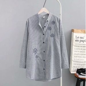 Moederschap Kleding Katoenen Shirt Zwangere vrouwen Voorjaar Shirt Lange Mouw Lange Grote Streep Borduren Vrouwen Top Plus Size