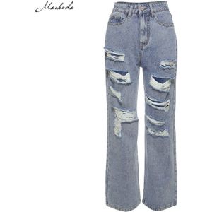Macheda Hoge Taille Losse Jeans Kleding Vrouwen Casual Blue Denim Streetwear Ripped Gat Broek Dame Mode Rechte Broek