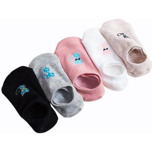 5 Pairs vrouwen Katoenen Sokken leuke cartoon kat gedrukt Onzichtbare antislip Boot Sokken Vrouwen Grappige Sok Slippers