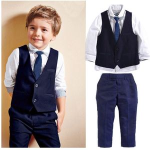 Formele Mode Peuter Baby Kids Boys Lange Mouwen Wit Blauw Jacket Tops Vest Broek Tie Pak Outfits 4 Stuks set