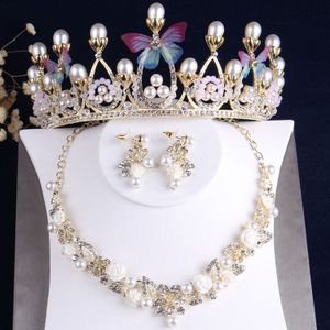 Barokke Schattige Romantische Roze Blauwe Vlinder Kristal Bruids Sieraden Sets Ketting Earring Strass Tiara Kroon Dubai Sieraden Set