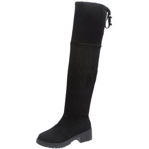 Winter Vrouwen Laarzen Mode Lace-Up Lage Hak Over-De-Knie Laarzen Ronde Neus vierkante Hak Warm Suede Vrouwen Laarzen Botas Mujer