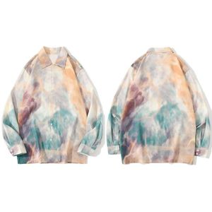 Gonthwid Tie Dye Sky Print Lange Mouwen Shirts Streetwear Heren Hip Hop Casual Harajuku Beach Party Blouse Hawaiian Shirt Tops