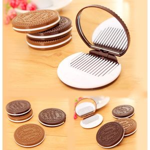 Leuke Mini Pocket Chocolade Cookie Draagbare Make-Up Cosmetische Compacte Spiegel Kam