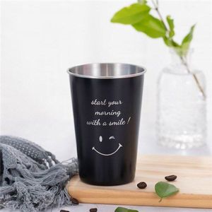 Zwart Roestvrij Staal Koffie Mok Siliconen Deksel Creatieve Brief Patroon Reizen Camping Thee Melk Cups Thuis Kantoor School 500ml