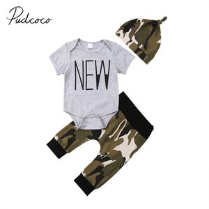 Gloednieuwe Pasgeboren Baby Kids Baby Jongens 3 PCS Sets Kleding Print Korte Mouw Romper Tops + Camouflage broek Hoeden 0-24 M