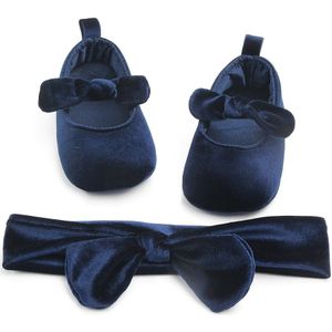 Pasgeboren Baby Meisje Zachte Goud Fluwelen Schoenen Met Haarband Baby Strik 0-18M