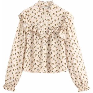 Vrouwen Mode Cascading Ruches Print Casual Shirts Blouse Vrouwen Stand Kraag Agaric Kant Roupas Femininas Tops LS6324